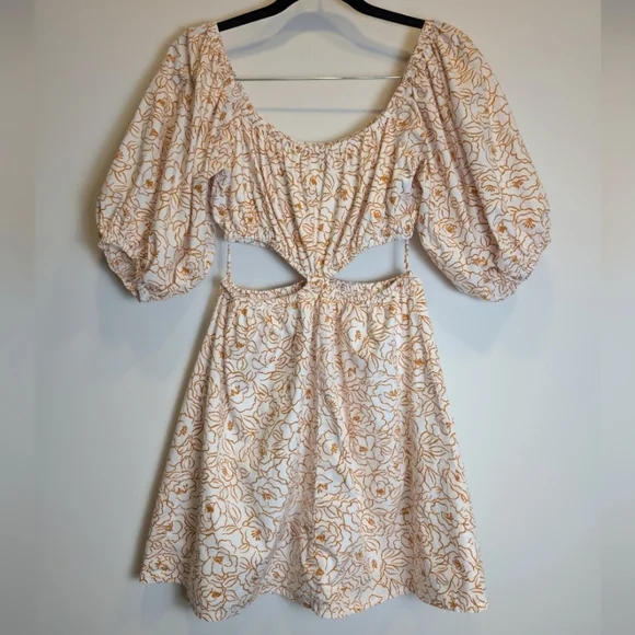 Faithfull The Brand Orange White Gabelli Mini Dress Puff Sleeves Size Large - Picture 4 of 8